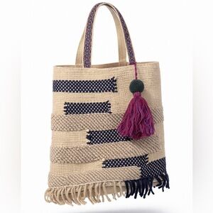 Katydid Tan and Black Woven Tote with Purple Tassel
